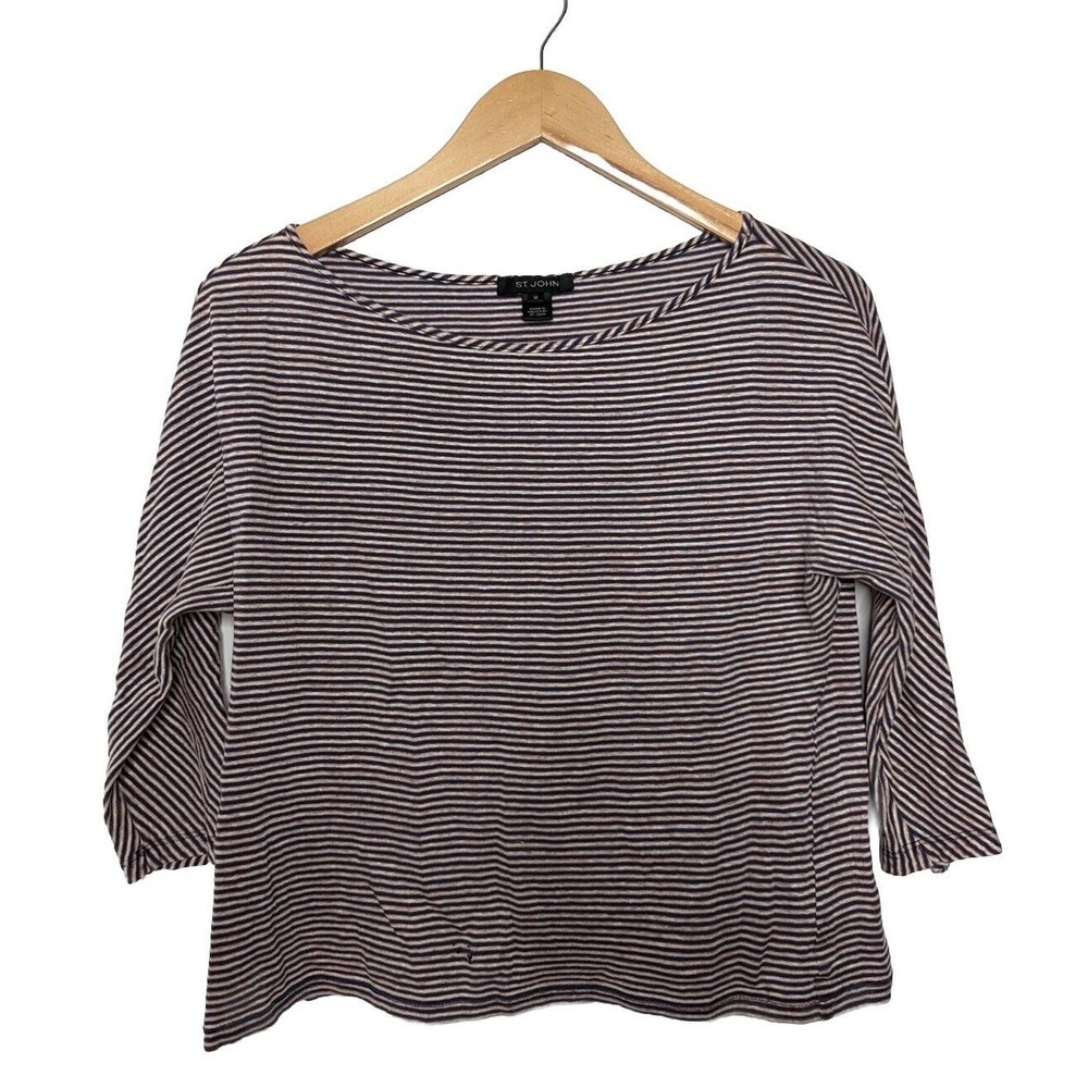St. John Cropped Top Womens Medium Striped Linen Blend 3/4 Sleeve